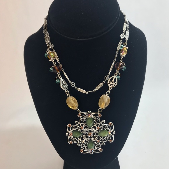 Chico's Silver Tone Green Yellow Tan Amber Stone Emblem Statement Necklace - Picture 5 of 12